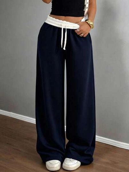 SHEIN Tween Girls Casual Loose Fit Low Waist Elastic Waistband Wide Leg Sweatpants, Color Block, Patchwork, Navy Blue, Back To School Season Comfy Pants Navy Pants Lounge Pants Loose Pants Fall Winter