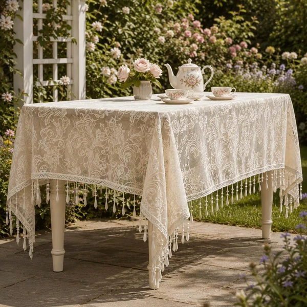 French Vintage Lace Tablecloth with Beaded Tassels, Handmade Shabby Chic Square Table Cover, Elegant Romantic Floral Dining Room Decor