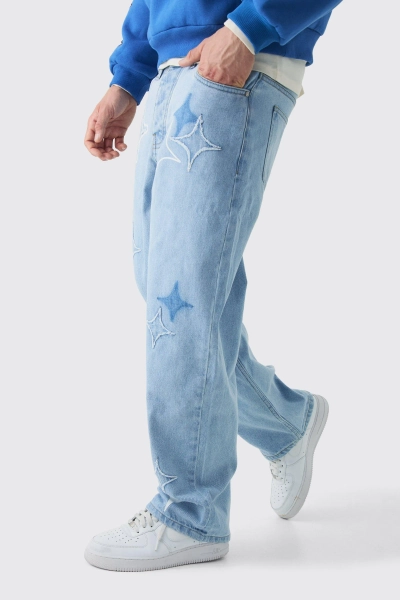 Relaxed Rigid Star Applique Denim Jeans | boohooMAN USA