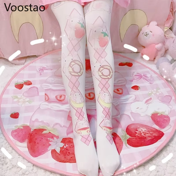 Japanese Gothic Lolita Stockings Girls Sweet Harajuku Cute Bear Rabbit Print Velvet Tights Fashion Female White Kawaii Stockings - AliExpress 200574005