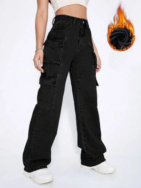SHEIN ICON Y2k Black High Waist Flap Pocket Cargo Brushed Fabric Warm Jeans Thickened Denim
