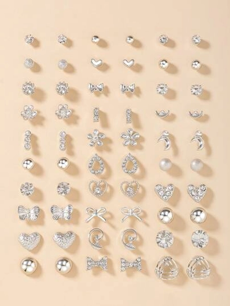60pcs Fashion Metal Butterfly, Heart, Rhinestone, Moon, Bow Knot, Flower Stud Earrings Set, Jewelry Gift, Suitable For Women Daily Wear