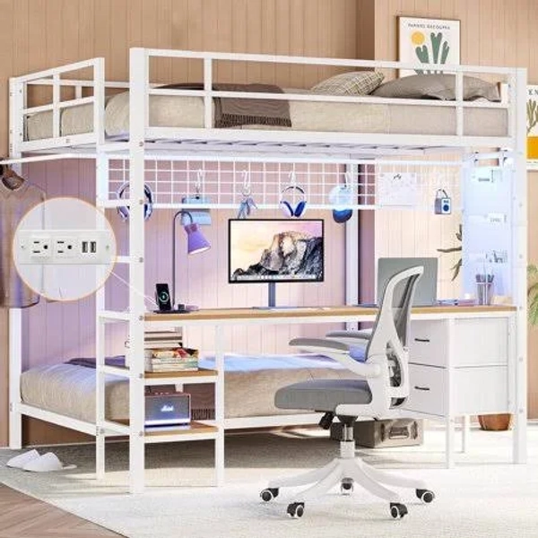 Full Over Twin Size Bunk Bed with Desk&Charging Station&LED Lights&Drawers&Storage Shelves
