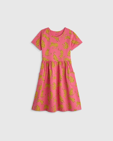 Organic Cotton Fit and Flare Pocket Dress - Toddler Girl in Pink Jungle Cats