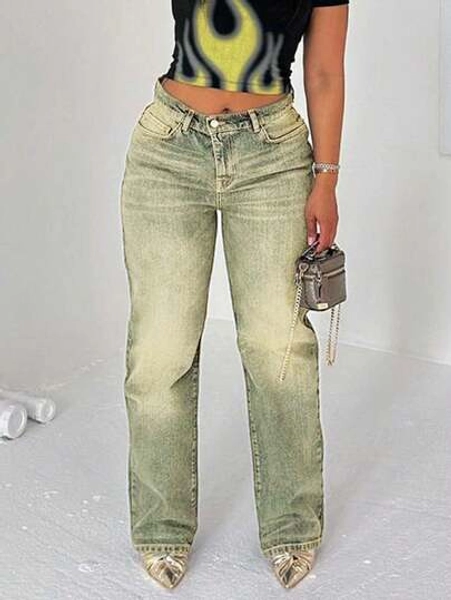 Women's Washed Denim Straight Leg Jeans With Cat's Whiskers Detail Long Casual Non-Stretch Pants - Size XL