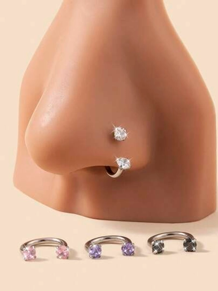 Wis 1pc Fashionable Stainless Steel Heart-Shaped Nose Ring Embedded With Shiny Zirconia Stone, Suitable For Women's Daily Wear, Body Jewelry Accessory, Gift For Friends (Note: Rod Diameter 1mm)