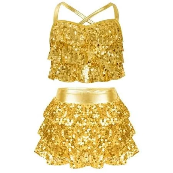 Girls' Sequins Rumba Samba Crop Top and Mini Skirt Set