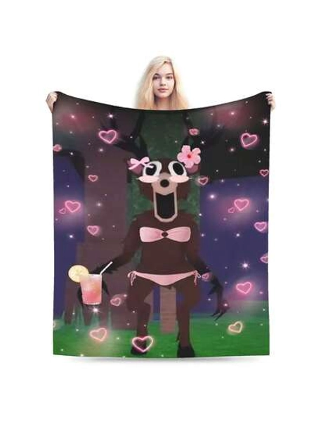1pc 99 Nights In The Forest Game Character Plush Fleece Blanket - Super Soft All-Season Bedspread With Cute Anime Design, Brown Bear & Hearts Night Sky Pattern, Pink Bow & Hearts - Ideal Birthday/Holiday Gift For Fans, Home, Travel, Camping, Office - Cozy Fleece Bedding Accessory For 99 Nights Game Lovers