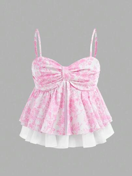 Tween Girls Casual Comfortable Floral Print Camisole With Frill Hem