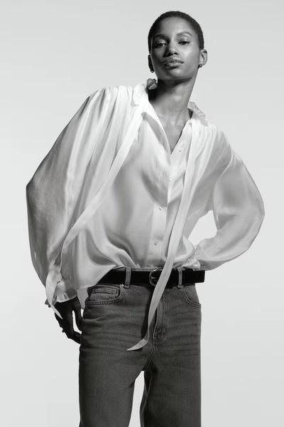 Blouse with Bow Collar - White