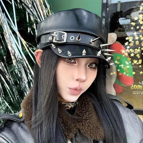 New Style Punk Hip-Hop Beret with PU Rivets, Navy Cap, And Slim-Fit Duckbill Hat.