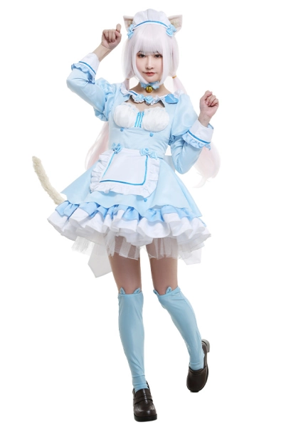 Nekopara Vol. 4 Vanilla Catgirl Cosplay Costume Chest Open Maid Dress Ruffled Round Collar Long Sleeve Full Set with Ears Hairband Choker Tail