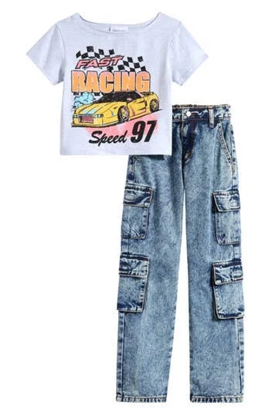 Tween Diva Kids' Off-The-Shoulder Racing Graphic T-Shirt and Cargo Jeans Set