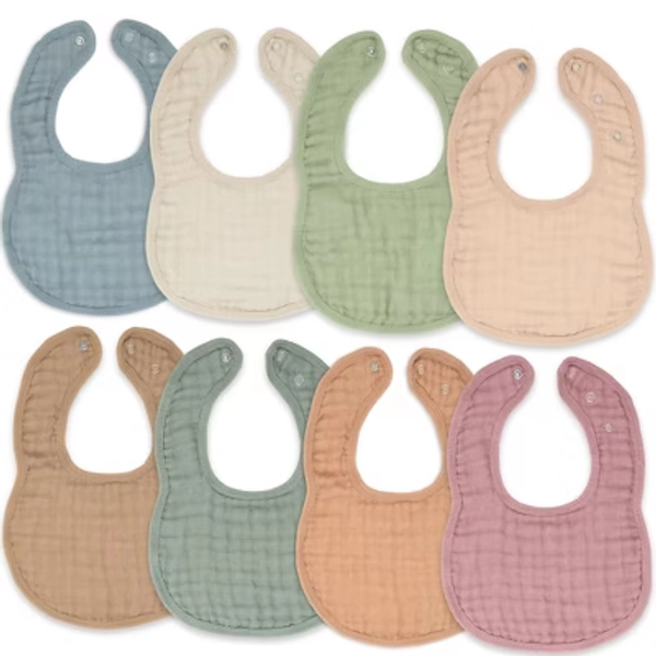 Muslin Cotton Baby Bibs, 8 Pack, Adjustable Size with Easy Snaps, Soft and Super Absorbent, Washable and Reusable By Comfy Cubs - Multicolor