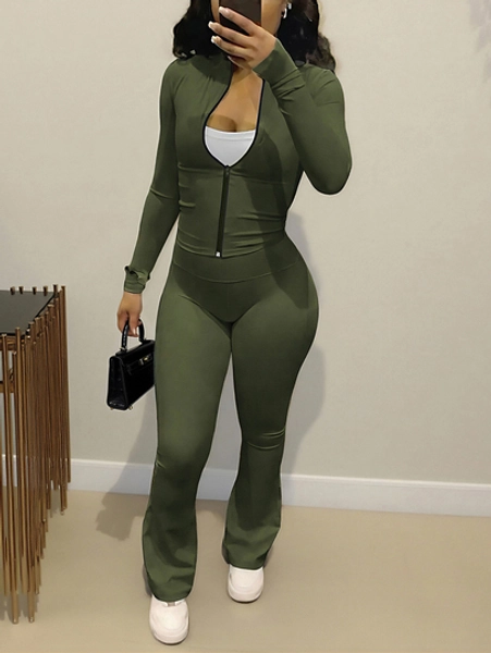 Autumn/Winter European And American Style Women's Fashion Zip-Up Cardigan, Fitted Top And Loose Wide-Leg Pants Set