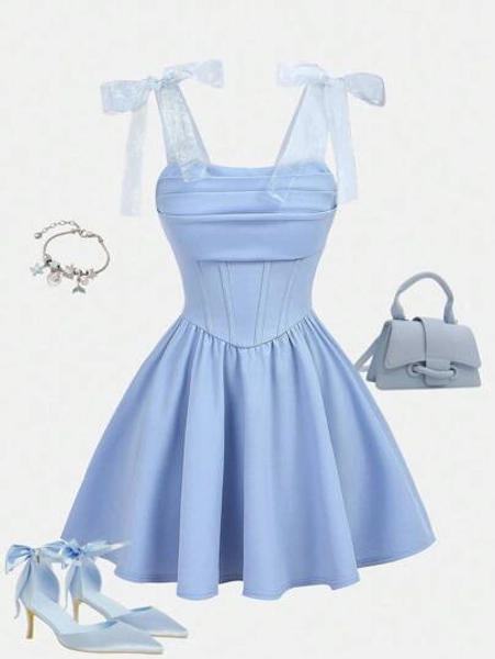SHEIN Girlism Teen Girls Mesh Spaghetti Strap Bow Tie Ruched Dress, Elegant For Spring, Summer, Autumn, Winter, Back To School, Party, Date Cute Teen Dress Teen Light Blue Dress Teen Summer Dress Baby Blue Dress Dress With Bows