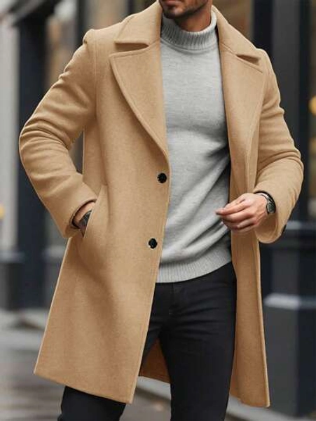 Manfinity Mode Men's Solid Color Pocket & Button Front Long Sleeve Overcoat, Autumn  Fall Clothes
