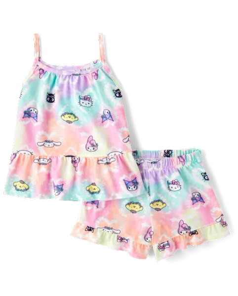 Girls Hello Kitty® And Friends Rainbow Tie Dye Ruffle Pajamas - White