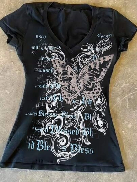 Women's Y2K Butterfly Printed V-Neck Short Sleeve T-Shirt, Navy Blue