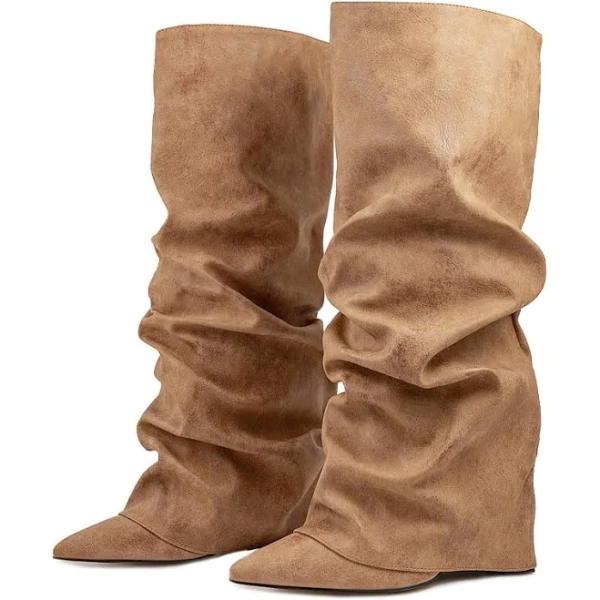 Ceciloroda Fold Over Boots Slouch Block Heels Dressy Knee Boots
