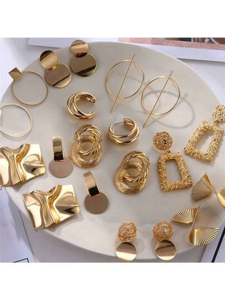 10pcs Women's Gold Geometric Earring Set, Randomly Distributed