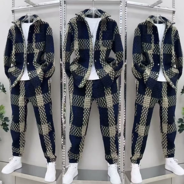 Men's Casual Navy & Beige Textured Plaid Two-Piece Set Lapel Shirt & Jogger Pants Leisure Outfit - AliExpress 200000343