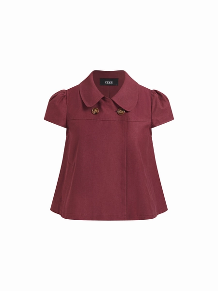 Cotton-blend Collar Double Breasted Short Puff Sleeve Oversized Blouse