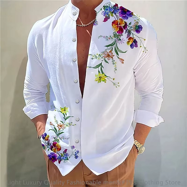 New men's shirt long-sleeved shirt 3D printing flower pattern long-sleeved standing clothing fashion casual XS-6XL soft fabric - AliExpress 200000343
