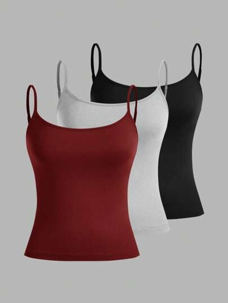 SHEIN EZwear 3 Set Multicolor Women's Tight-Fitting Camisole Tops, Sleeveless Croptop In Black, Grey, Burgundy, Sexy & Fitted, Suitable For Summer Back To School