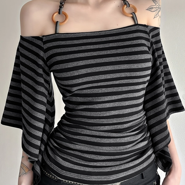 IAEY Beaded Halter Neck Striped Y2K Graphic Tee - Vintage-Inspired Slim Fit Short Sleeve Top with Batwing Sleeves & Beaded Detail, Black & White Stripes for Women, Spring/Summer Casual Wear