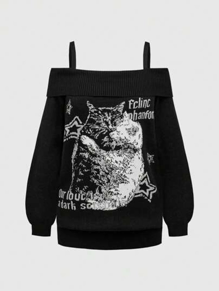 ROMWE Grunge Punk Women's Cat Pattern Jacquard Knit Cold-Shoulder Long Sleeve Sweater - Size L