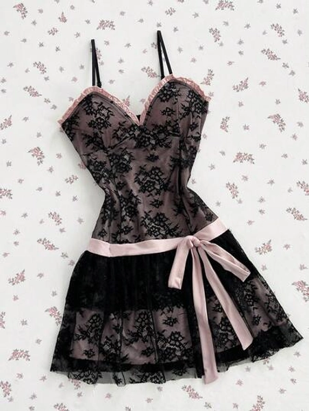 Flirla Women's Sexy Lace Sweet Mini Dress With Bow Tie, Suitable For Spring/Summer Daily Wear - Size XS
