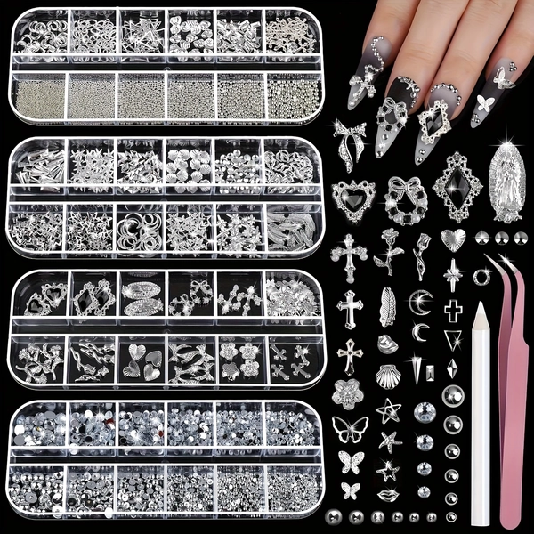2500pcs Silver Nail Charms and Synthetic Gemstones Kit, Nail Synthetic Gemstones Silver Rhinestones for Nails, 3D Y2K Accessories Nail Decor, Cross Charms for Nails Design Star, Caviar Beads for Nails Art,Punk Style with Pick up Pen and Tweezers