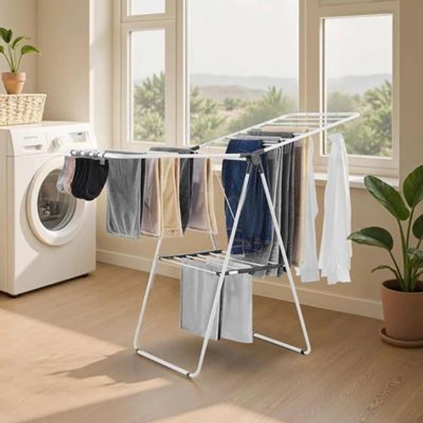 2-Tier Foldable Laundry Dryer Rack with 21 Drying Rods, Sock Clips, Metal Height-Adjustable, White