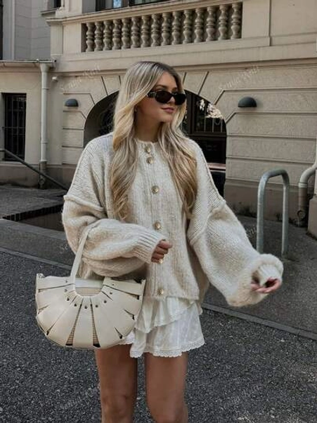 Senya Fall And Winter New Women's Round Neck Lantern Sleeve Front Button Knitted Cardigan, Loose Casual, Slouchy, Daily Commuting, Afternoon Tea, Back To School, Graduation, Sweater Tops