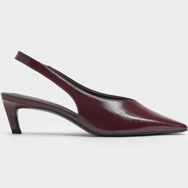Charles & Keith Patent Tapered Square-Toe Slingback Kitten Heels