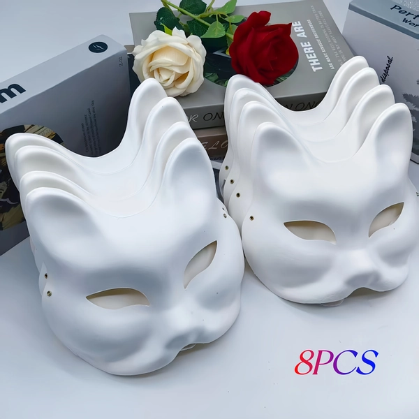 Set of 8 Fox Pulp Masks, Perfect for Halloween And Christmas Decorations, Themed Hand-Painted White Fox Masks
