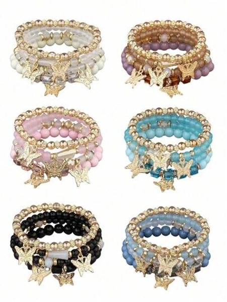 4Pcs Set Bohemian Butterfly Crystal Stone Stretch Pendant Bracelets For Women Girls Gold Beaded Stackable Stretch Bracelet Colorful Charm Jewelry Boho Summer Beach
