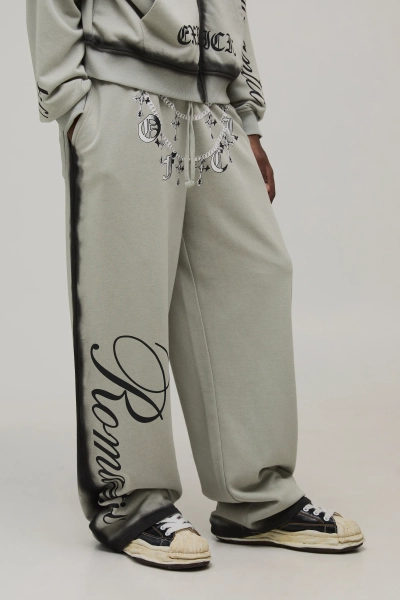 Wide Leg Spray Wash Slogan Printed Joggers