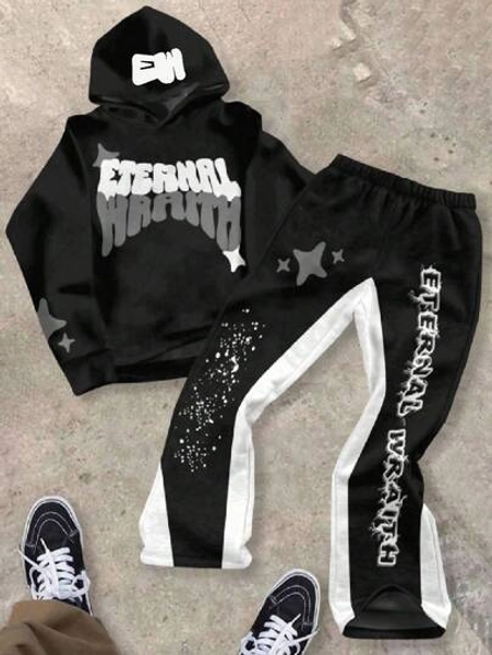 SHEIN Teen Boy Autumn New Casual Minimalist Style Graffiti Handpainted Star Pattern English Letter Sports Street Style Y2K Sweatshirt & Flare Pants Set Fall Winter