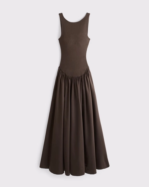 Mixed Fabric High-Neck Maxi Dress
