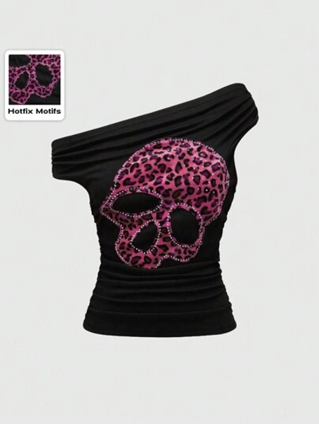 ROMWE Grunge Punk Women's Kpop Gyaru Sexy Asymmetrical Neck Leopard Print & Skull Pattern Fitted T-Shirt - Size L