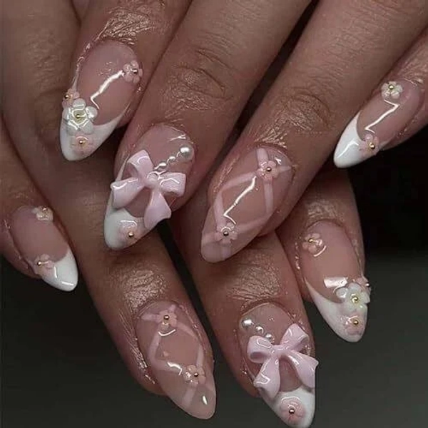 Foccna French Press On Nails Medium Rhinestone Pink Fake Nails Almond