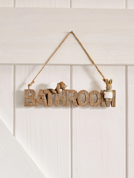 Natural Bertie Bear and Rosie Rabbit Hanging Bathroom Sign