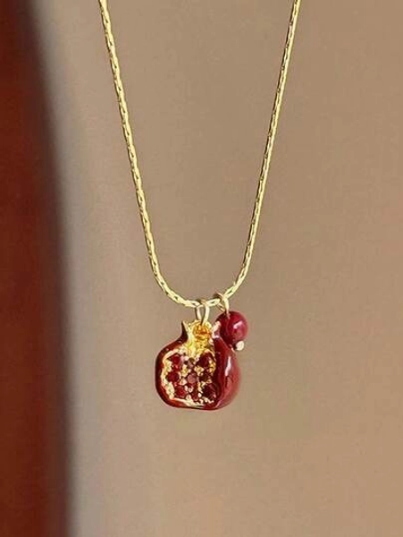 1PC Vintage Style Pomegranate Pendant Necklace, Fashion Elegant Collarbone Chain, Women's Dating Party Jewellery, Gift