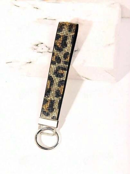 Gold Leopard Print Rhinestone Decor Bling Glitter Wristlet Bangle Keychain Wrist Strap Keyring For Handbag And Key Chain