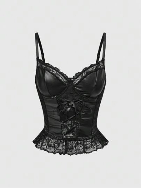 ROMWE Sexy PU Lace Splice Gothic Style Camisole - Size L