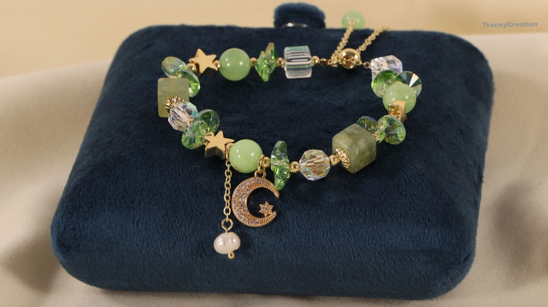 Crystal Moon & Star Charm Bracelet: Adjustable 18K Gold Beaded Bracelet