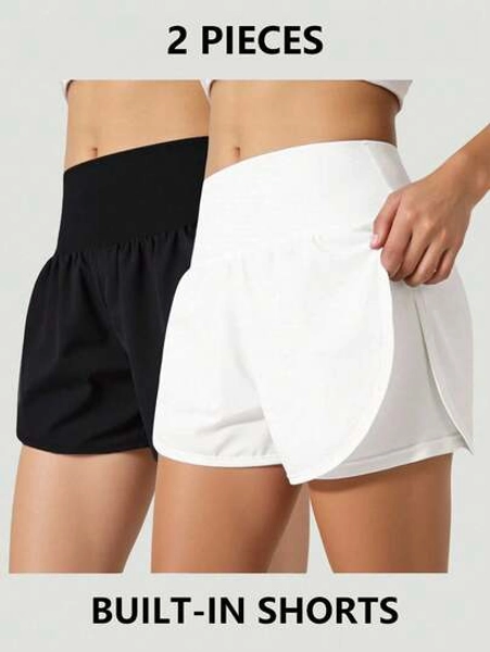 SHEIN Tween Girls 2 Pieces Solid Black & White Outfit, Minimalist Loose Comfortable Versatile Athleisure Sporty High Waist Design Snug Fit Tall Fit All-Match Moisture Wicking Sweat Absorbing Shorts For Spring/Summer
