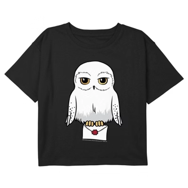 Girl's Harry Potter Cute Cartoon Hedwig Letter Graphic Graphic Cropped T-Shirt - Black - Medium